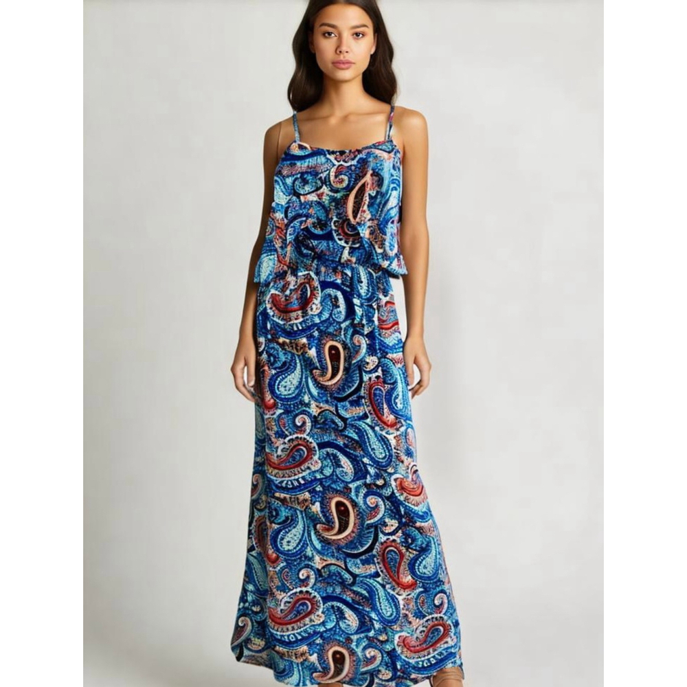 Xhilaration Women's Maxi Dress Size SP Blue Red Paisley Floral Boho Cottagecore